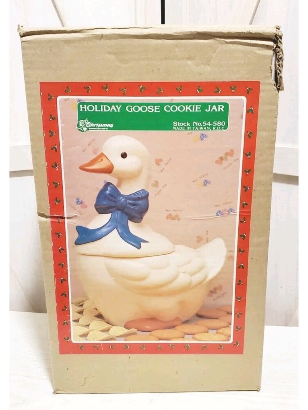 Vintage Mother Goose Ceramic Cookie Jar Blue Ribbon Bow Orange Feet Cottage Core